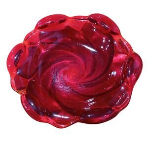 Vintage Fenton Ruby Red Swirl Dish Glass Textured Heavy 8.5”